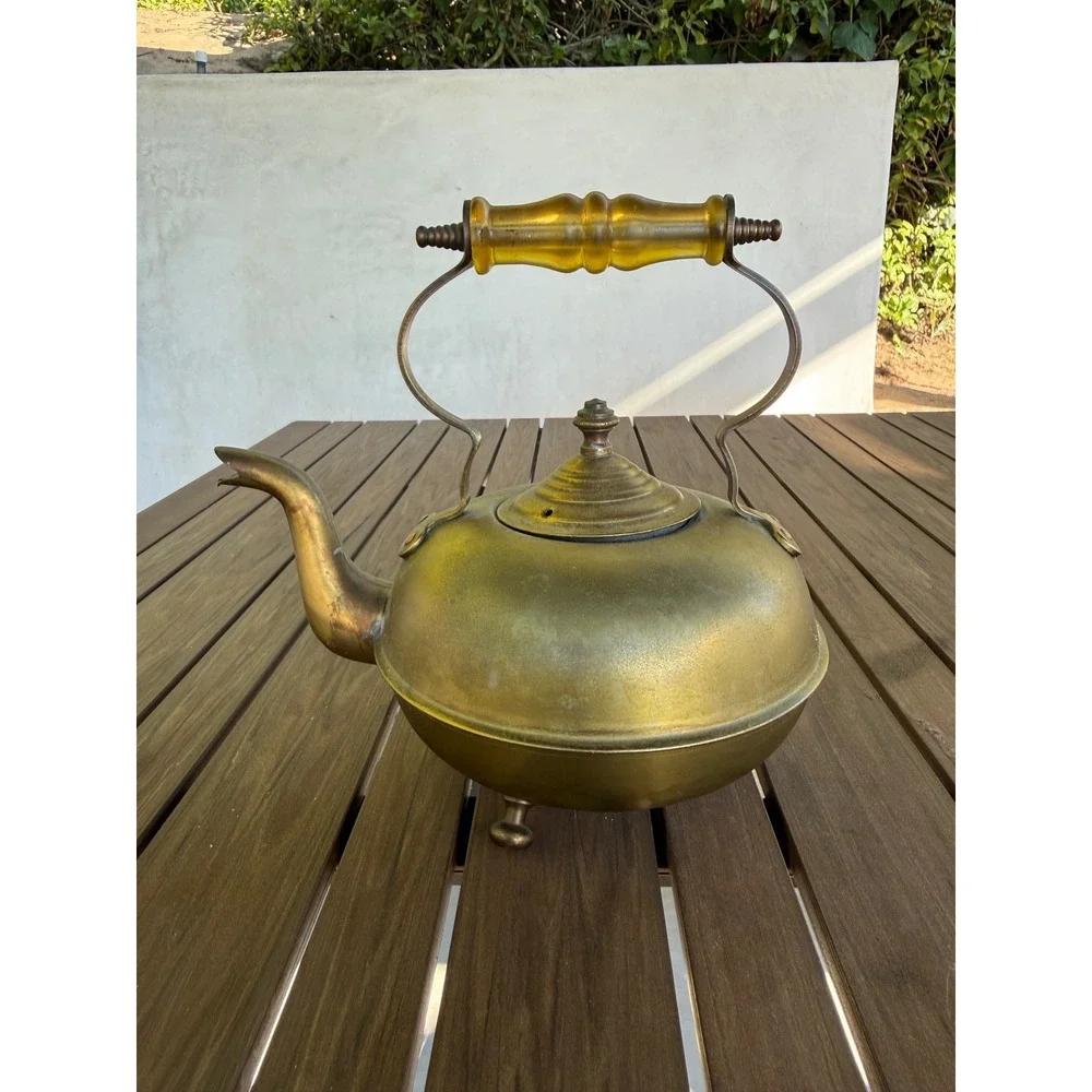 Vintage Brass Tea Kettle Tripod Ball Feet Amber Handle Decorative Antique Style